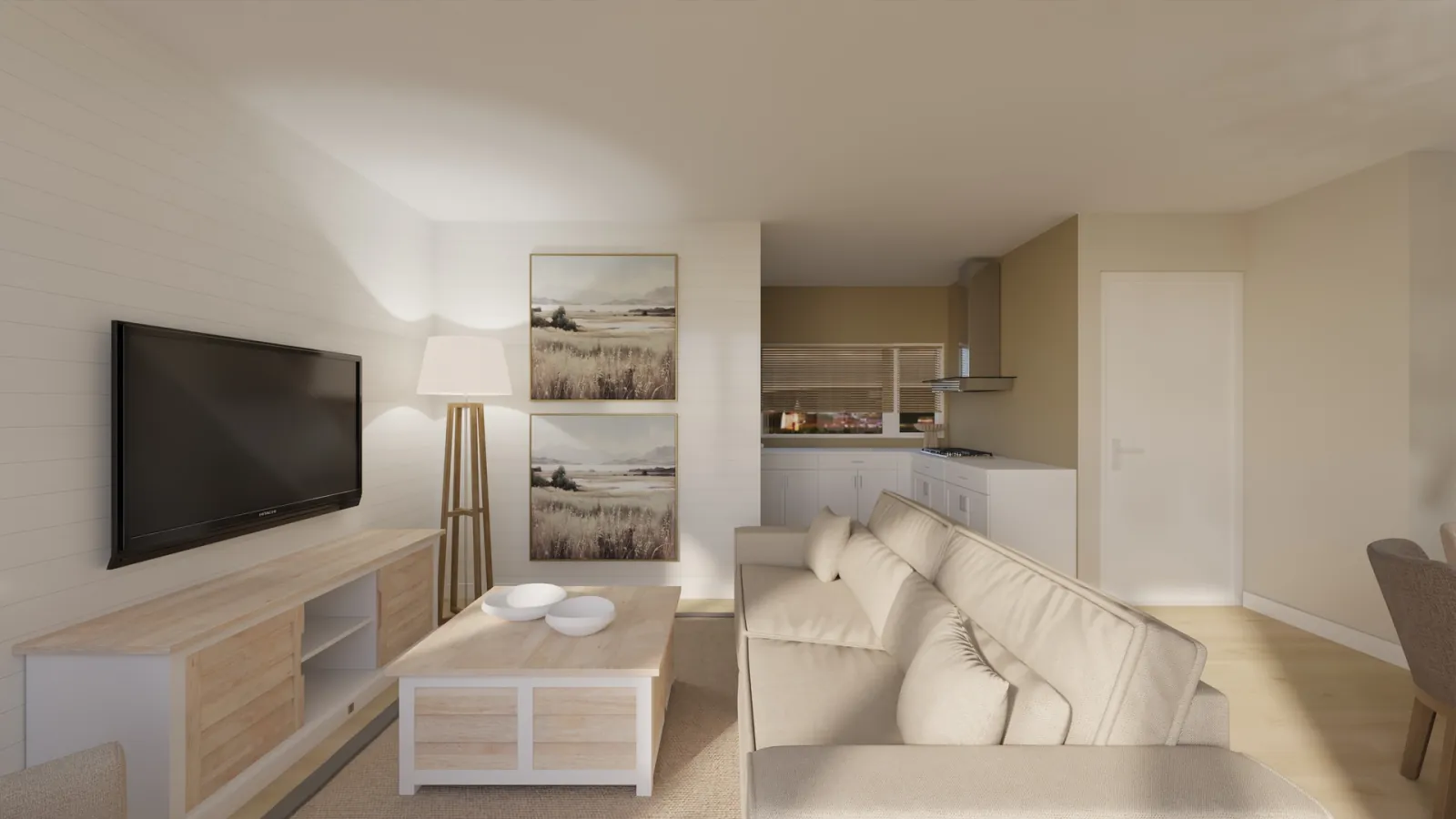 Rivièra 1 living and kitchen with linen sofa and oak finishes