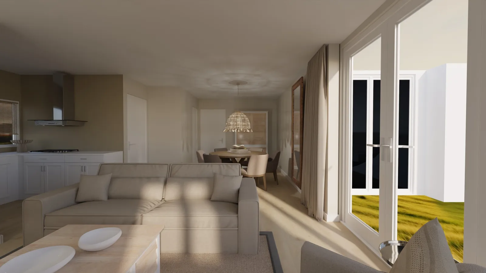Sun-flooded living room at Beachvilla Rivièra with linen sofa and warm natural textures
