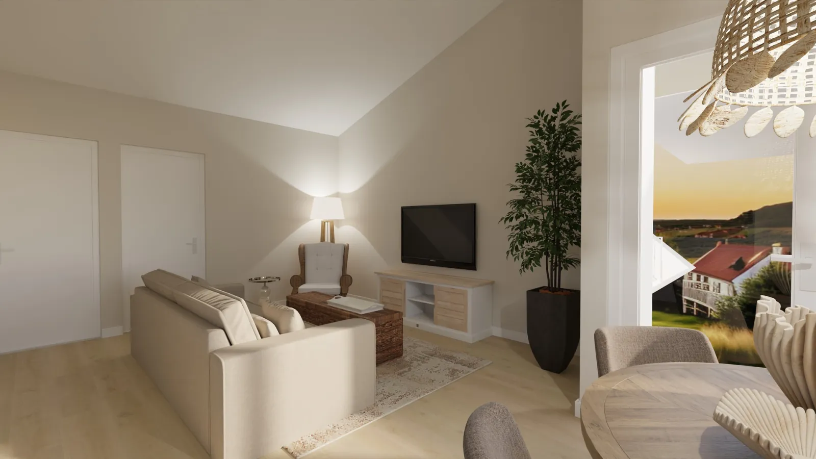 Rivièra 2 living room with a linen sofa and a view over the dunes
