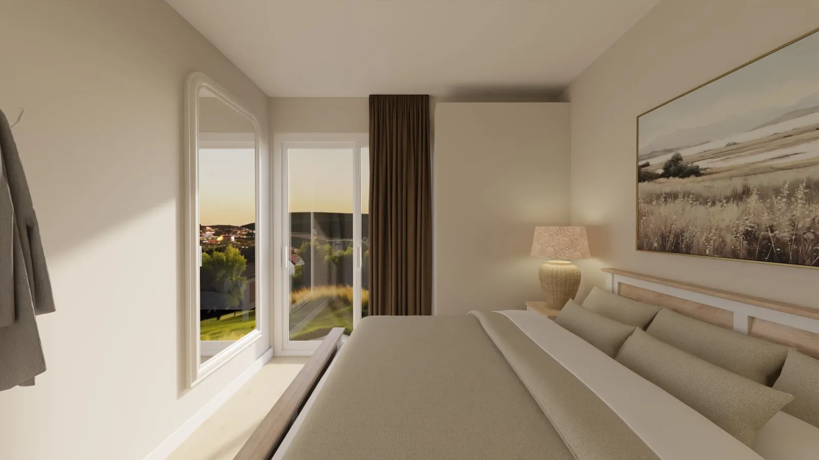 Rivièra 2 bedroom with framed dune-grass artwork and warm linen bedding